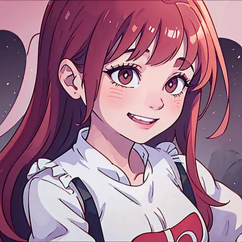 draw a smiling girl with bangs with intense pinkish red medium hair that looks like a 2d disney drawing