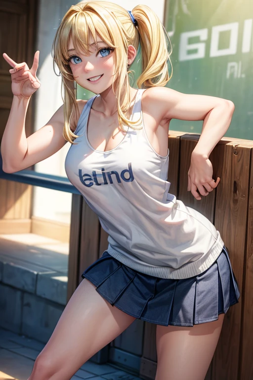 1 female,,blonde,(miniskirt and big white tank top, (), , natural smile,,,(((leaning forward)))