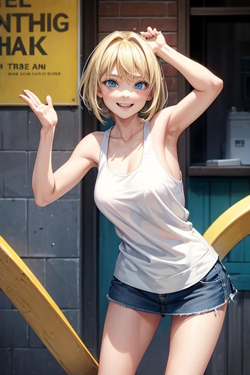 1 female,,blonde,(miniskirt and big white tank top, (), , natural smile,,,(((leaning forward)))