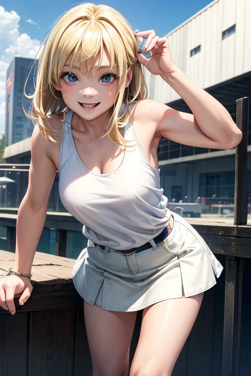 1 female,,blonde,(miniskirt and big white tank top, (), , natural smile,,,(((leaning forward)))