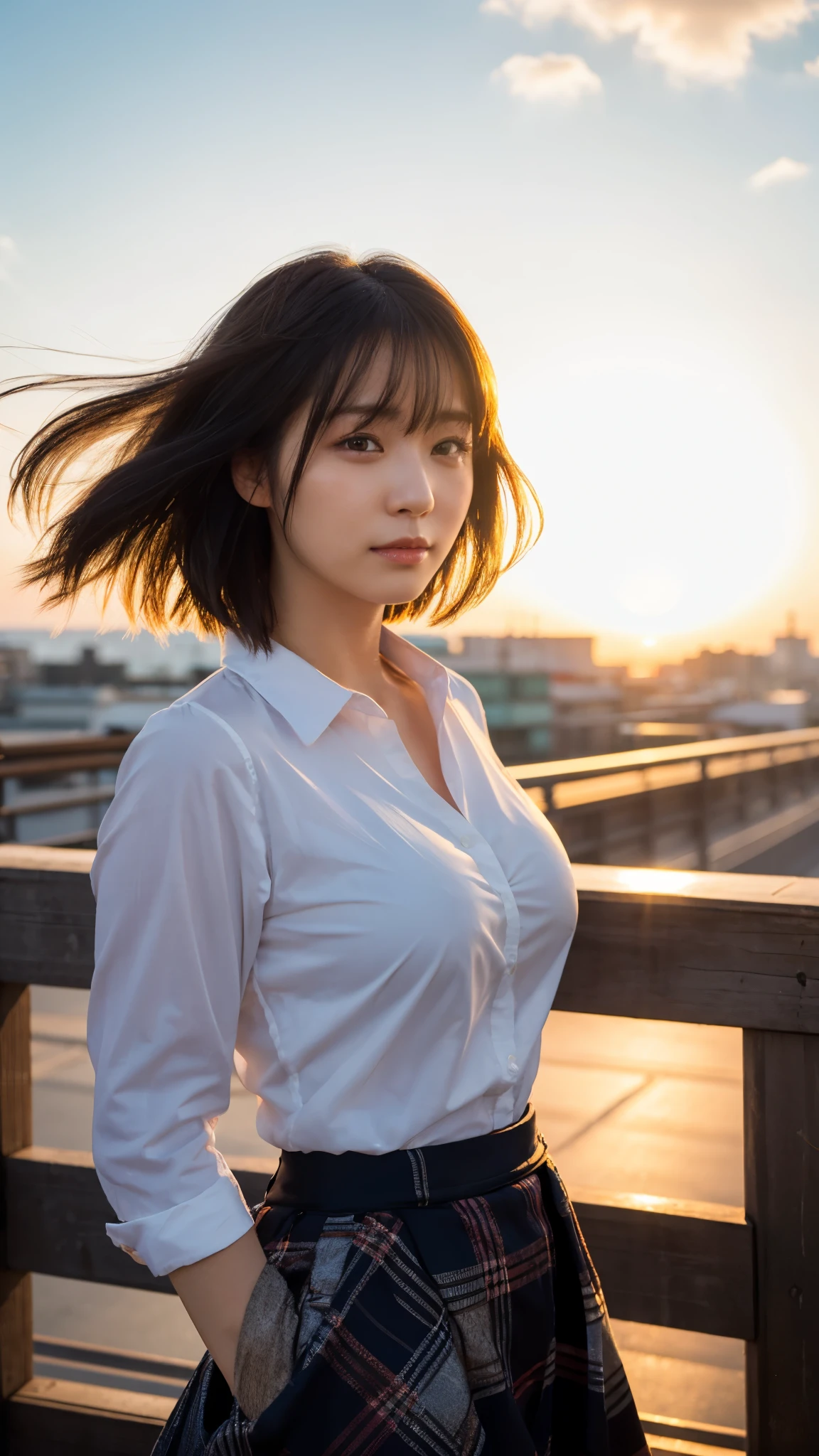 (highest quality,masterpiece:1.3,Ultra-high resolution),(Super detailed,Caustics,8k),(Photorealistic:1.4,RAW shooting),(Buckshot),Japanese,23 years old,cute,Are standing,Crying face,(Looking into the camera),Black Hair Middle Hair,Big Breasts,White blouse,Knee-length skirt,Strong winds,Hair blowing in the wind,Rooftop,Backlight,Sunset,Sunset sky,Waist up shot,Face Focus,Face close up,Natural light