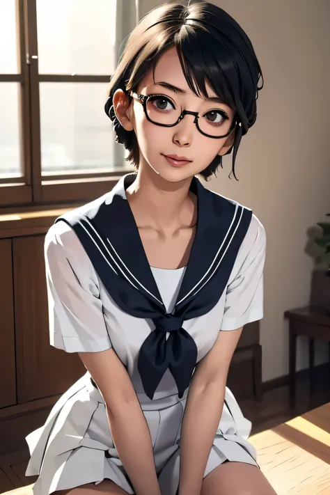 (masterpiece, highest quality), one girl,  satou, satou, glasses, glasses with red frames, sailor suit, satou, glasses, glasses ...