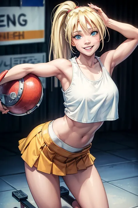 1 female,12 years old,blonde,(miniskirt and big white tank top, (), , natural smile,,,(((leaning forward)))