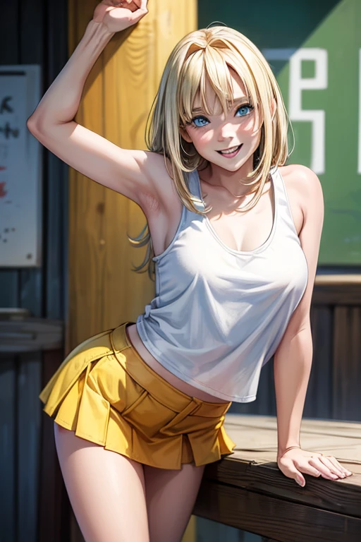 1 female,,blonde,(miniskirt and big white tank top, (), , natural smile,,,(((leaning forward)))