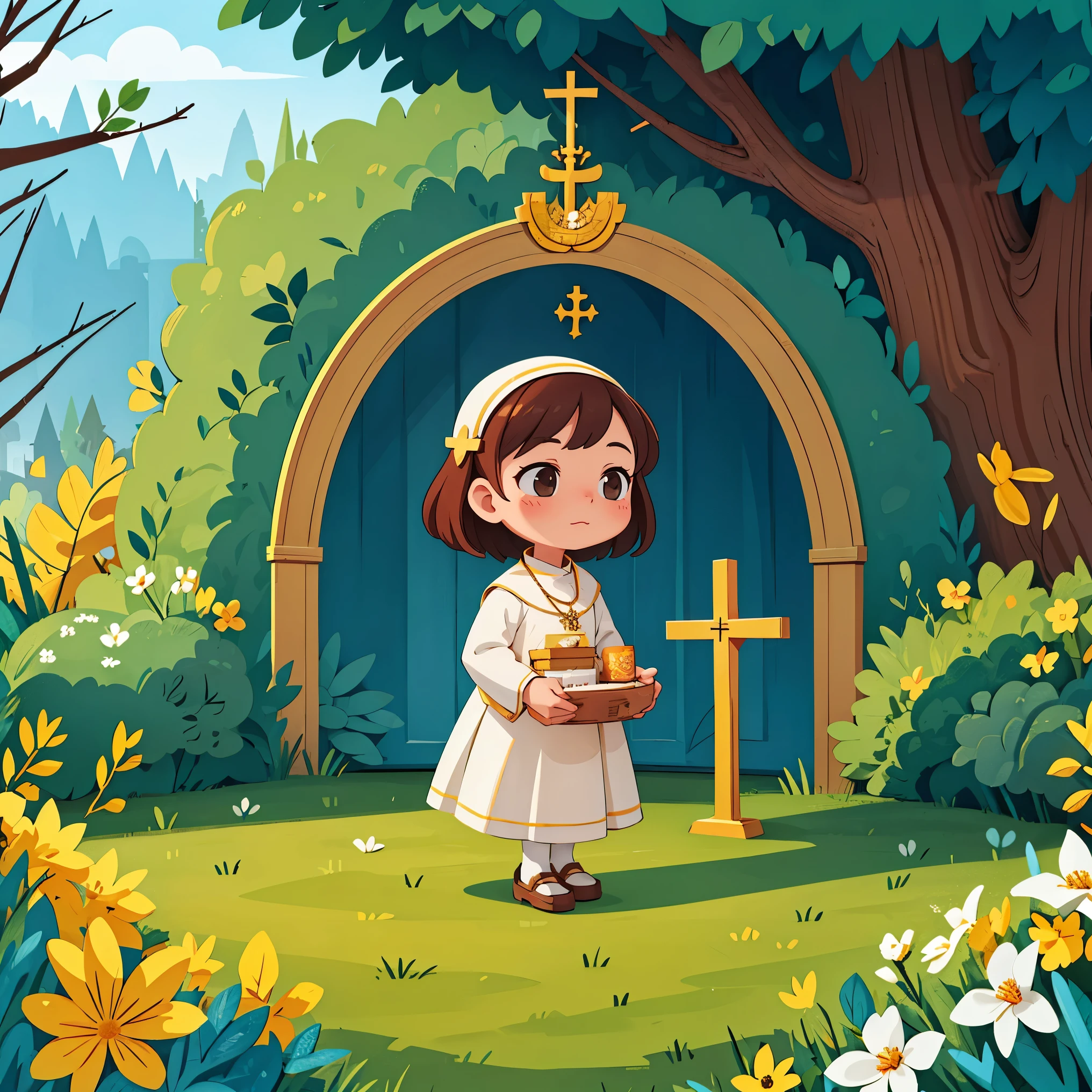 A girl during her first communion at a Catholic church, with beautiful brown hair. (best quality, detailed), church setting, traditional Catholic attire, serene expression, golden sunlight, elegant dress, floral decorations, specific architectural details, cross necklace, communion host.