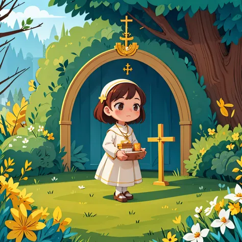 A girl during her first communion at a Catholic church, with beautiful brown hair. (best quality, detailed), church setting, tra...