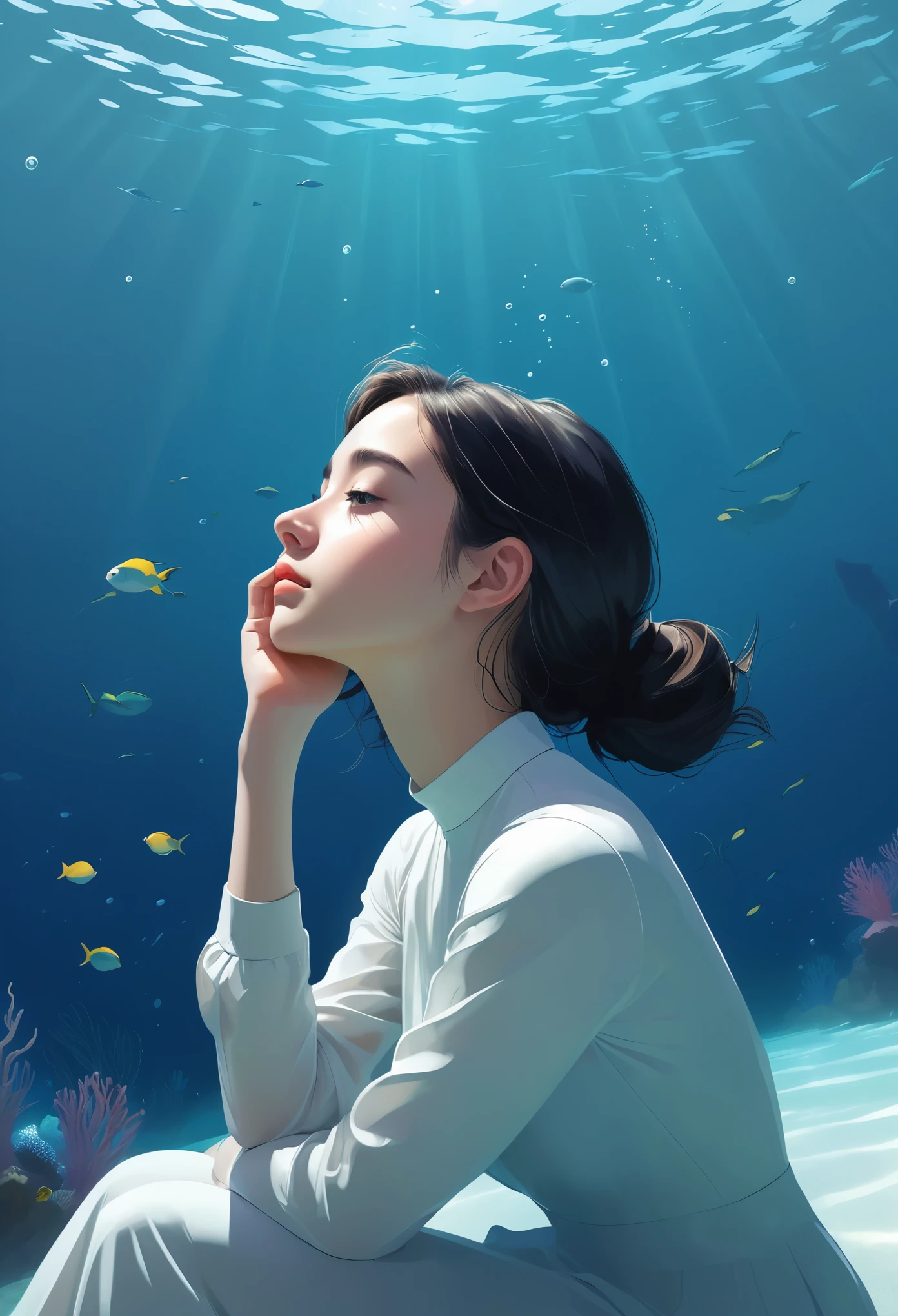 Minimalist Journey，diving，Solitary，The girl rests one hand on her cheek, gazing into the distance, reflecting a thoughtful or dreamy pose, conveying a sense of serenity and depth, dutch angle,Minimalism, Under the Sea, illustration.