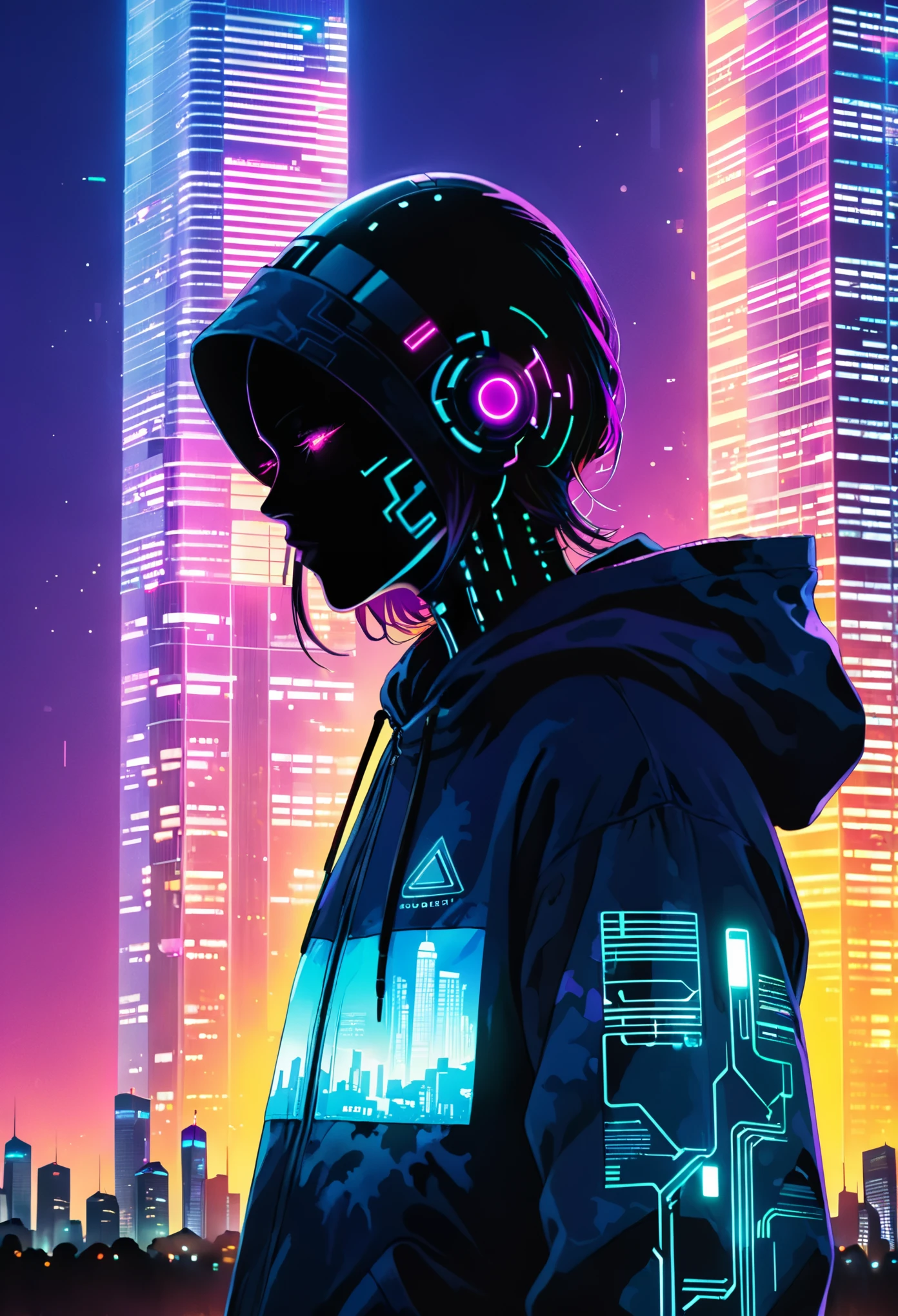 (bright cityscape pattern on clothes:2.4),(wide hood:1.4),(hood worn:3.1),solo,jacket,glowing,hooded jacket,((((((tall cyber building background:2.2)))))),(from side:1.5),black hair,1girl,(vivid glow print on hood:1.8),(blue-purple gradient hooded jacket:1.7),building,looking at viewer,upper body,closed mouth,long sleeves,bangs,outdoors,purple eyes,city,science fiction,profile,multicolored hair,cyberpunk,signature,glowing eyes,sky,urban motif on the hood,vivid color,cyberpunk style,double exposure,(silhouette face:1.5),night,glowing neon,(looking_away:1.2),(don't look at the audience:1.1),