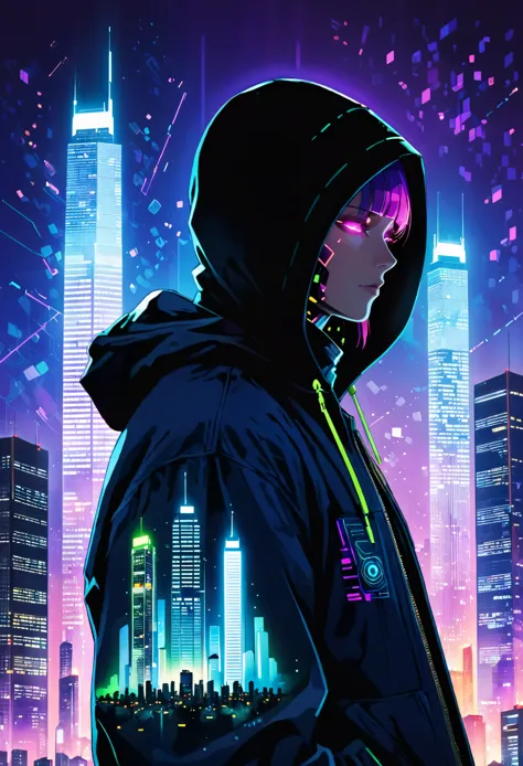 (bright cityscape pattern on clothes:2.4),(wide hood:1.4),(hood worn:3.1),solo,jacket,glowing,hooded jacket,((((((tall cyber bui...