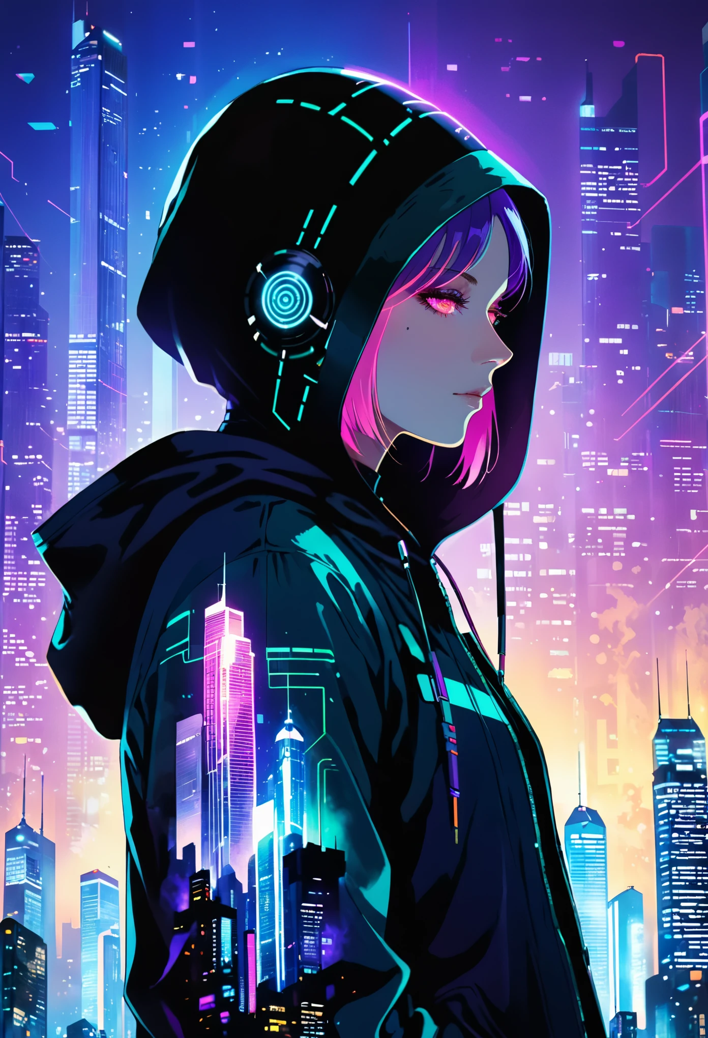 (bright cityscape pattern on clothes:2.4),(wide hood:1.4),(hood worn:3.1),solo,jacket,glowing,hooded jacket,((((((tall cyber building background:2.2)))))),(from side:1.5),black hair,1girl,(vivid glow print on hood:1.8),(blue-purple gradient hooded jacket:1.7),building,looking at viewer,upper body,closed mouth,long sleeves,bangs,outdoors,purple eyes,city,science fiction,profile,multicolored hair,cyberpunk,signature,glowing eyes,sky,urban motif on the hood,vivid color,cyberpunk style,double exposure,(silhouette face:1.5),night,glowing neon,(looking_away:1.2),(don't look at the audience:1.1),