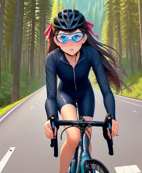(((masterpiece))), (((best quality))), (((Ride a road bike))), downhill, steep slope, eye mask, earphone, Cycling shorts, wind, ...
