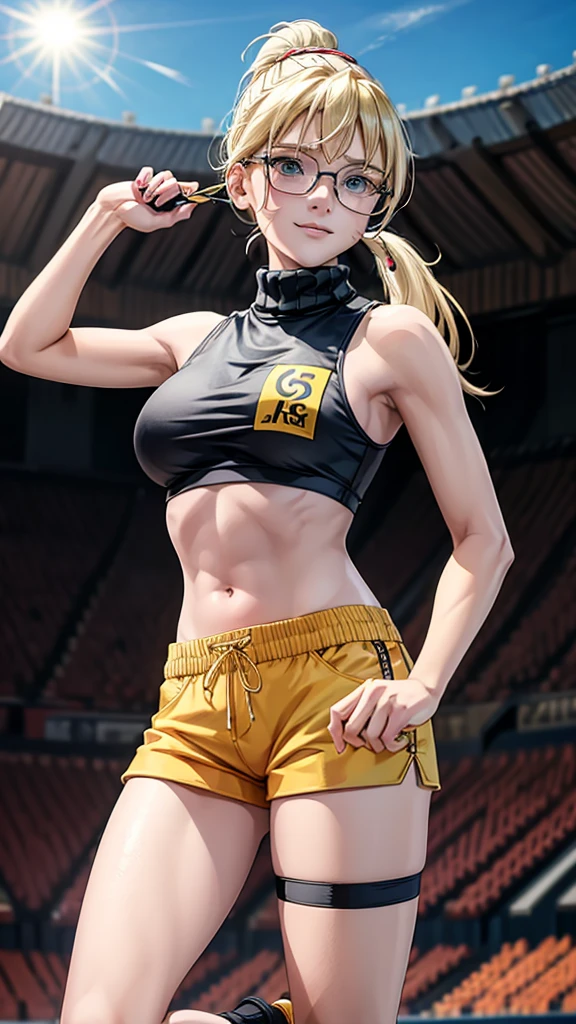 beautiful girl runner, , Prepare to practice running, Lean over to tie your shoelaces..........................., Blond hair, Ponytail, bangs, Smile a little..........................., Wear glasses, ((Wear a sleeveless sports bar..........................., turtleneck, black and yellow shorts, (underboob))), The abdomen has sexy lines..........................., yellow running shoes, in the stadium stands, anime, high-res