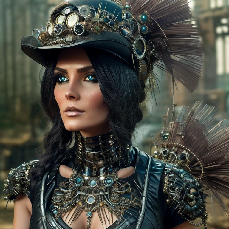 1 woman in streampunk outfit, full body, 30 years old, pretty face, ultra detailed face and eyes, hyperrealistic, realistic representation, dancing through a streampunk city