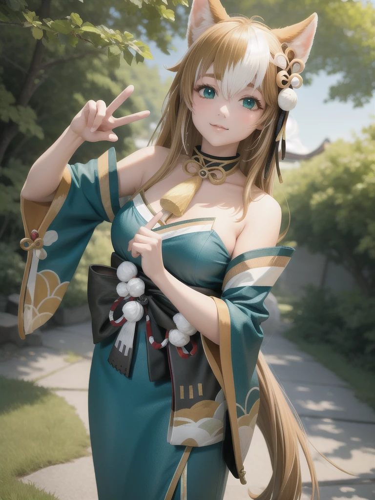 masterpiece, best quality, high quality, upper body, outdoors, looking at viewer, 1girl, peace sign, hina-fi, two-tone hair, japanese clothes, green kimono, tail, bare shoulders,