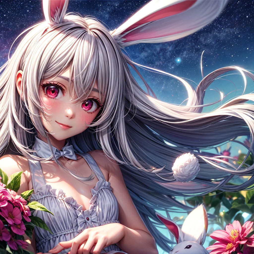 1 woman of 30 years old, {{{long white hair}}} hair covering ears {{white bunny ears}}, {{{red eyes}}}, soft pink sundress with floral accessories, small smile, colourful flower bontanic garden and starry night sky, {best quality.}, {highreaasterpiece.}, {{{medium close up.}}}, {facing viewer}