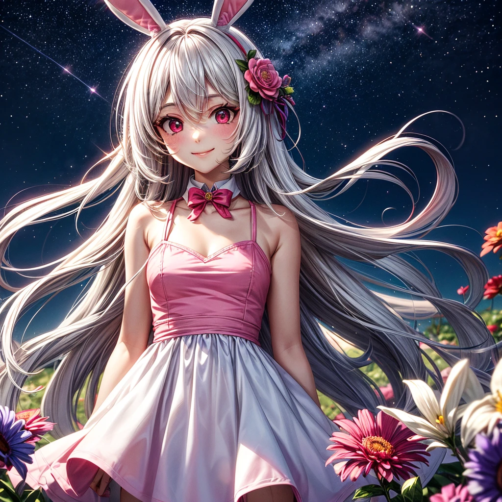 1 woman of 30 years old, {{{long white hair}}} hair covering ears {{white bunny ears}}, {{{red eyes}}}, soft pink sundress with floral accessories, small smile, colourful flower bontanic garden and starry night sky, {best quality.}, {highreaasterpiece.}, {{{medium close up.}}}, {facing viewer}