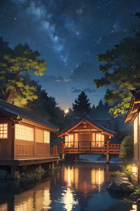 night scene inspired by japanese art, with a garden illuminated by paper lanterns and a wooden bridge over a tranquil lake. the ...