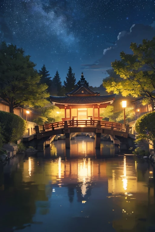 Night scene inspired by Japanese art, With a garden illuminated by paper lanterns and a wooden bridge over a tranquil lake. The starry sky is reflected in the water, Create a magical environment. On the shore of the lake, There is a small Zen temple lit by candles, Where people come to meditate. Tree leaves sway gently in the wind, Create a calm and calm atmosphere.