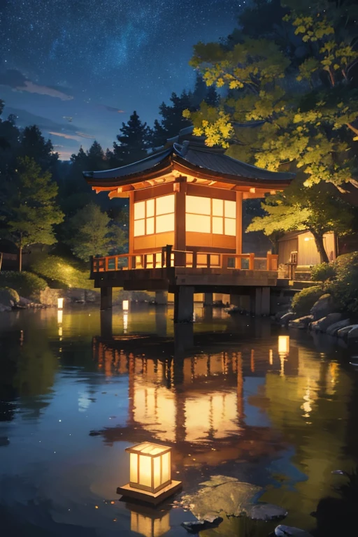 Night scene inspired by Japanese art, With a garden illuminated by paper lanterns and a wooden bridge over a tranquil lake. The starry sky is reflected in the water, Create a magical environment. On the shore of the lake, There is a small Zen temple lit by candles, Where people come to meditate. Tree leaves sway gently in the wind, Create a calm and calm atmosphere.