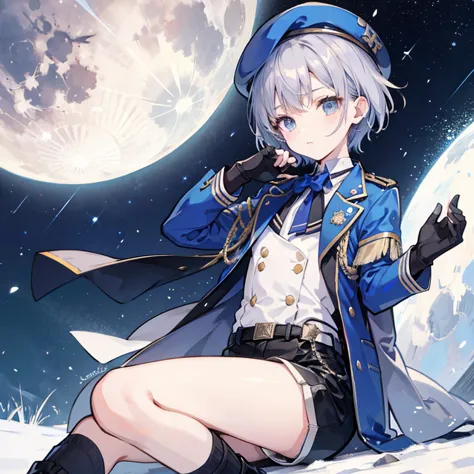 Blue military uniform　Shota　10 year old boy　Hair color is silver　Eye color: blue　Short hairstyle　Shorts　night　The moon is visibl...