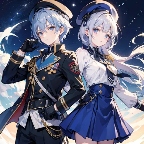 Blue military uniform　Shota　10 year old boy　Hair color is silver　Eye color: blue　Short hairstyle　Shorts　night　The moon is visibl...