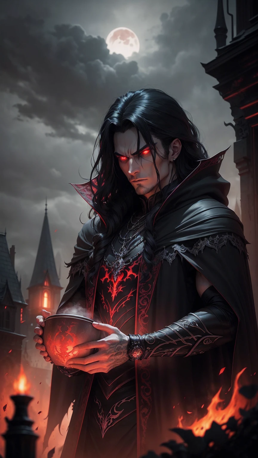 a dark muscular male evil lord, long flowing black hair, black and red cloak, piercing red eyes, menacing expression, powerful aura, standing in a dimly lit chamber,, casting eerie shadows, , adorned with intricate details, with a sinister grin, exuding an aura of darkness, with an intimidating presence, in a gothic castle, with imposing architecture, shrouded in mist, under a blood-red moon, with a storm brewing in the background, creating a foreboding atmosphere, reminiscent of a dark fantasy novel cover, with a dramatic lighting, emphasizing the contrast between light and shadow, evoking a sense of mystery and danger, with a touch of supernatural elements and captivating artistry." no horns