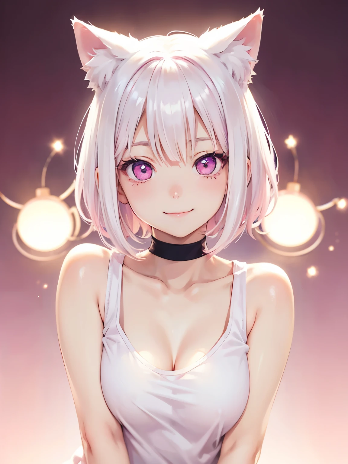 White hair. Short hair. Inner pink hair. Anime girl. Pink eyes. Glowing eyes. Nekomimi. Smiling. Tanktop. Small breast.