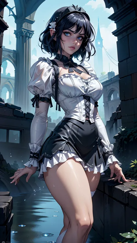 in the context of a fantastic cyberpunk city , (minifalda lolita blanca :1.4) ,(miniskirt white Lolita sexy :1.4),(cabello largo...