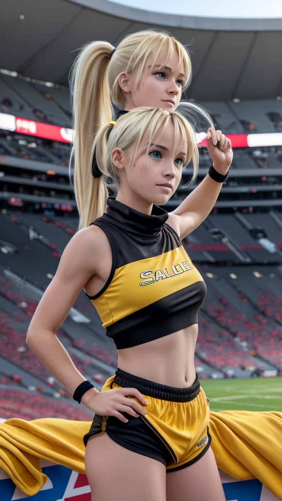 beautiful girl runner, , Prepare to practice running, Lean over to tie your shoelaces..........................., Blond hair, Ponytail, bangs, Smile a little..........................., Wear glasses, ((Wear a sleeveless sports bar..........................., turtleneck, black and yellow shorts, (underboob))), The abdomen has sexy lines..........................., yellow running shoes, in the stadium stands, anime, high-res