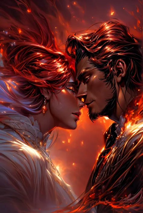 Araffed image of a man and woman in a fiery scene, romantic fantasy film, beautiful digital images, Highly detailed 4K digital a...