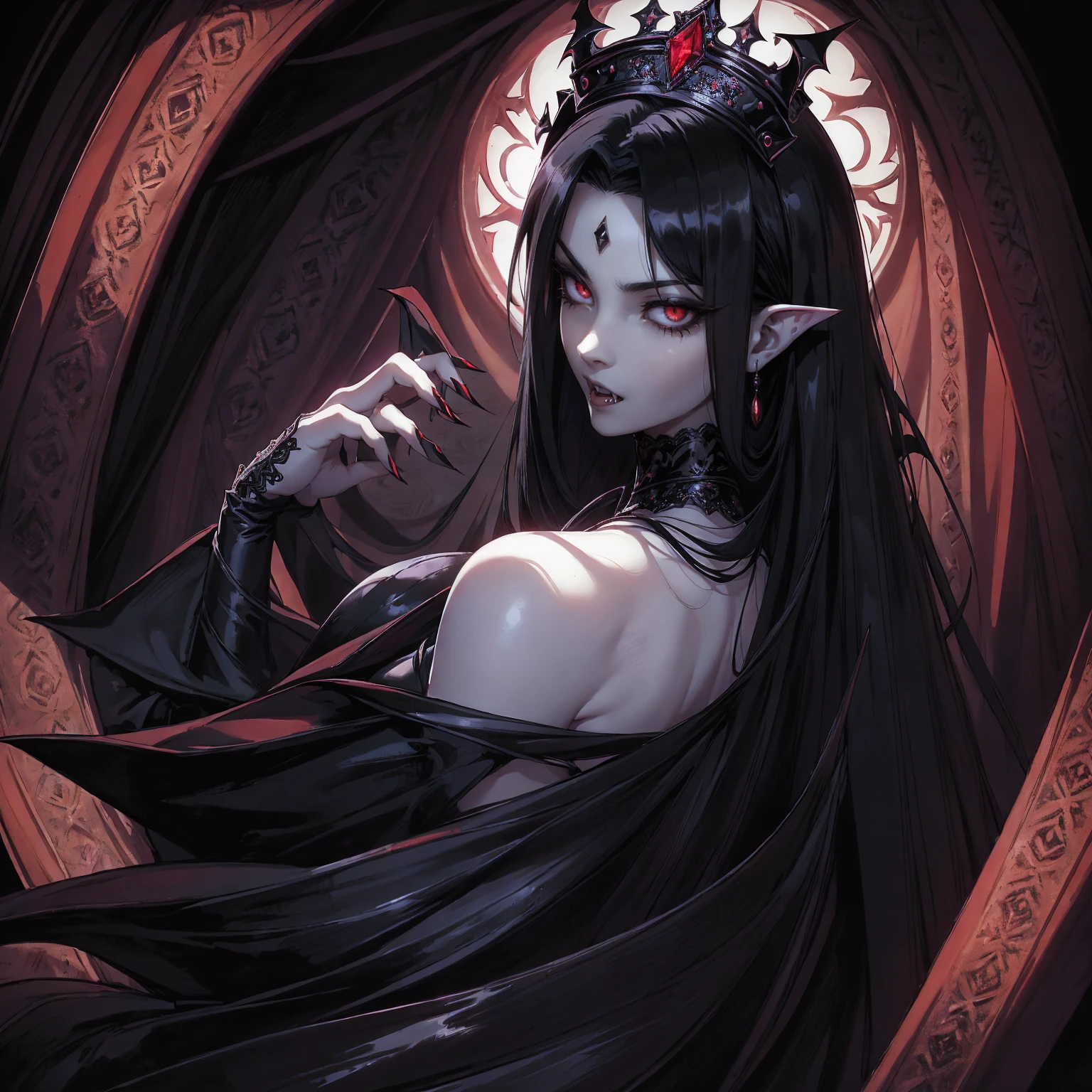 absurdres, ((stunning female Vampire))), goth Renaissance, (long black hair:1.erfect and detailed angular sharp oval shaped face, ((redeyes)), jewelry, red and black tetradic colors, full lips, gothic castle background, (solo), perfect anatomy, approaching perfection, ethereal, intricate details, ultra-high definition, 12k resolution, goth aesthetic, smooth, sharp focus, dreamy, glowing, backlit, glamour, glimmer, fantastical, shadows, smooth, Gothic crown,  backwards, looking back