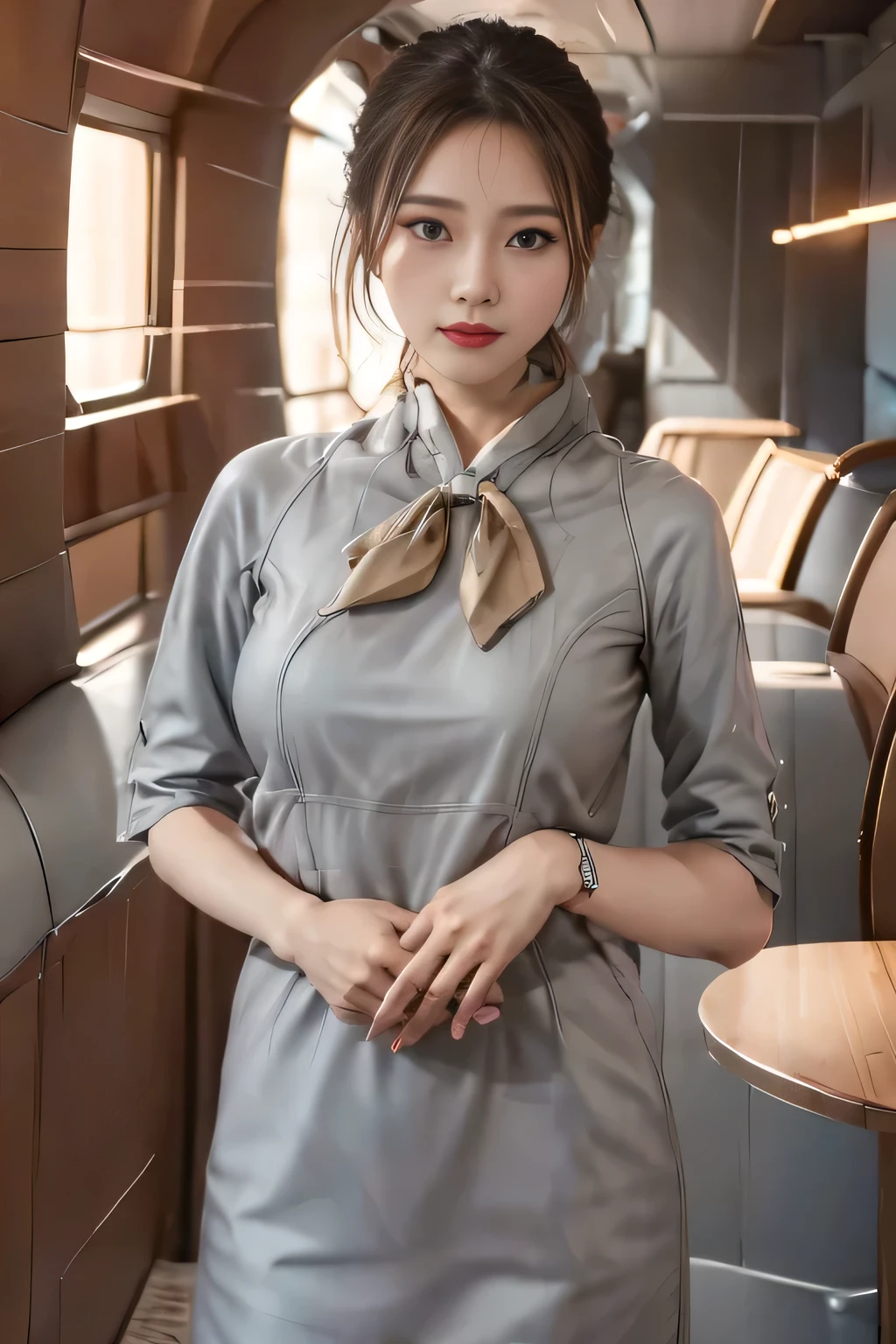Uniforme argenté à manches courtes de Starlux Airlines、des boucles d&#39;oreilles、regard captivant、chignon cheveux longs、Chignon du soir、jeune femme asiatique