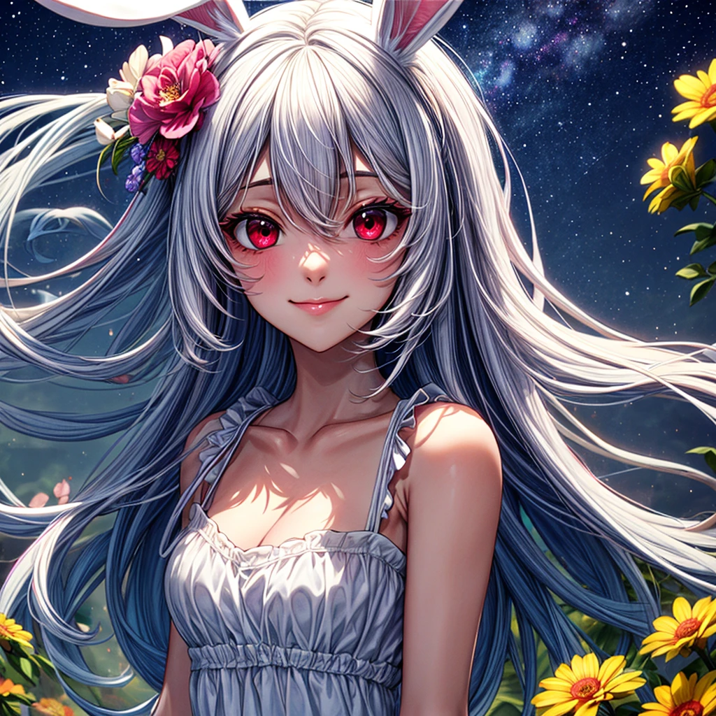 1 single 30 year old woman, {{{long white hair}}} and {{white bunny ears}}, {{{red eyes}}}, soft pink sundress with floral accessories, small smile, colourful flower bontanic garden and starry night sky, {best quality.}, {highreaasterpiece.}, {{{medium close up.}}}, {facing viewer}