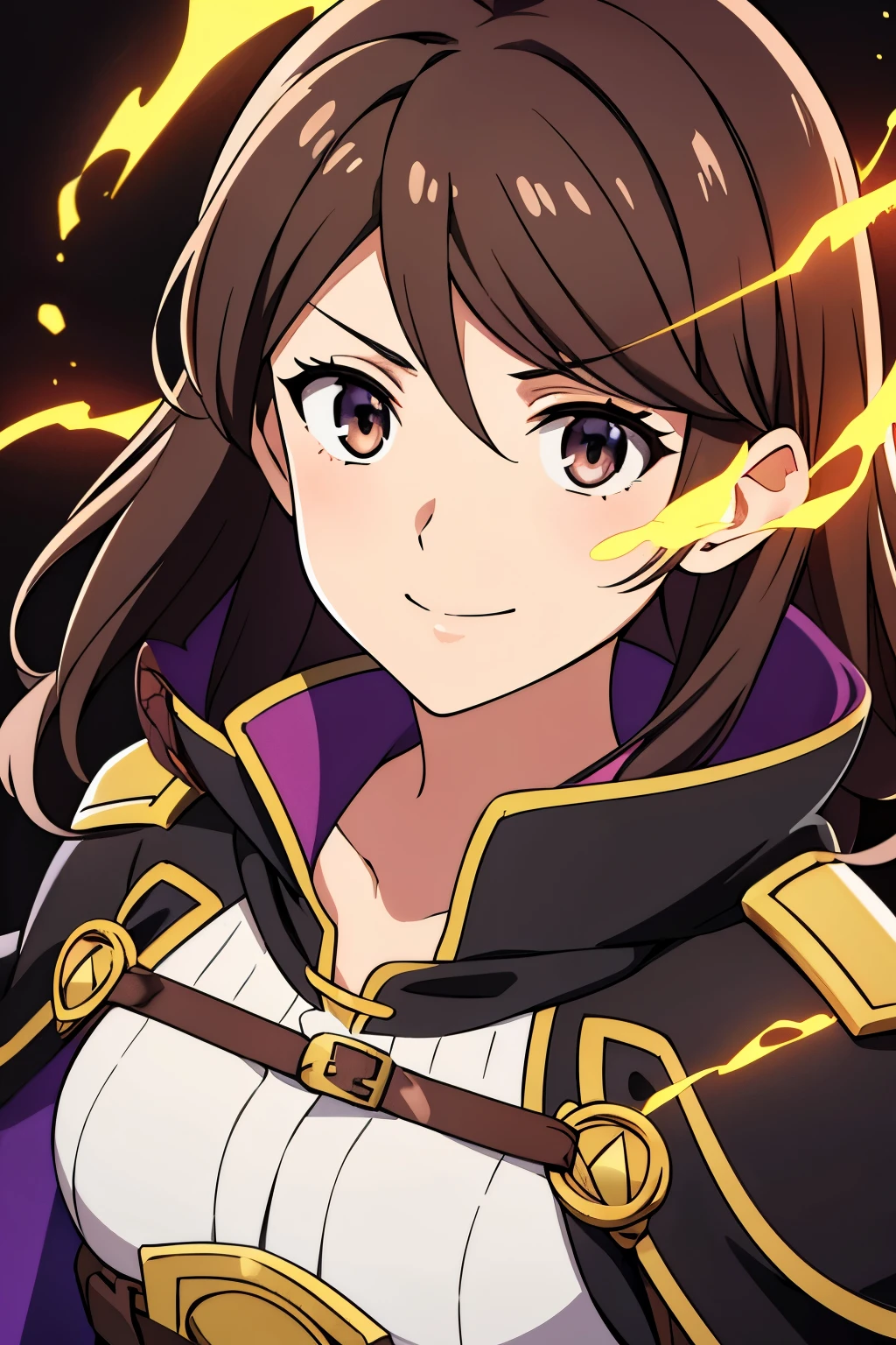 (high-quality, breathtaking),(expressive eyes, perfect face) 1girl, female, solo, portrait, Fire Emblem Awakening, Symmetrical Eyes, black background, Robin (Fire Emblem: Awakening), Brown hair color, short hair length, messy wavy hair, hair ornament, upper body, brown eyes, Black and purple cloak, gold trim, white shirt, brown belt, tomb, cute smile, detailed eyes, adorable face, short height
