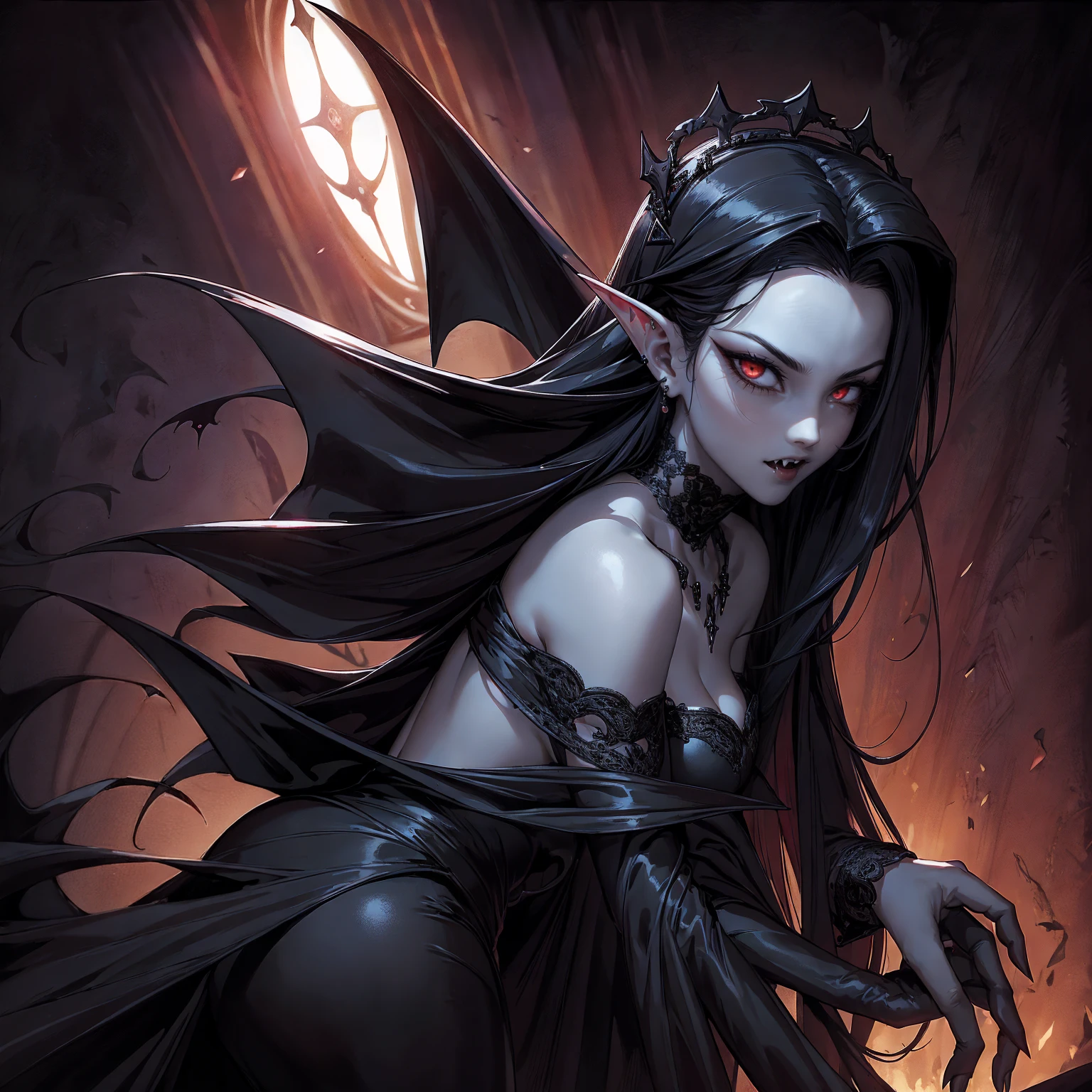 absurdres, ((stunning female Vampire))), goth Renaissance, (long black hair:1.erfect and detailed angular sharp oval shaped face, ((redeyes)), jewelry, red and black tetradic colors, full lips, gothic castle background, (solo), perfect anatomy, approaching perfection, ethereal, intricate details, ultra-high definition, 12k resolution, goth aesthetic, smooth, sharp focus, dreamy, glowing, backlit, glamour, glimmer, fantastical, shadows, smooth, Gothic crown,  backwards, looking back