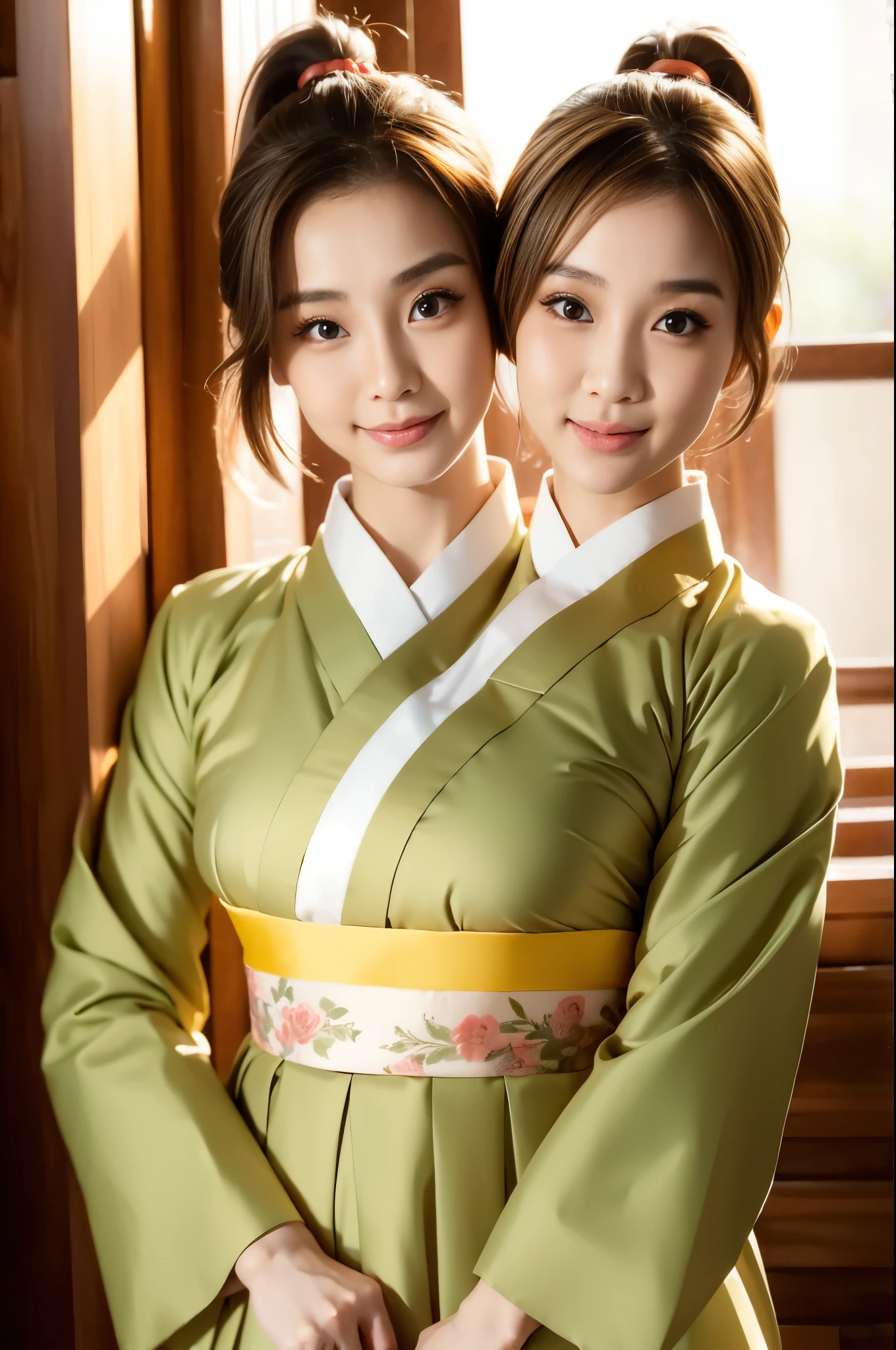 beste Auflösung, 2 Köpfe,  koreanische Frau mit zwei Köpfen , braune Haare, blonde,  Pixie-Schnitt und Pferdeschwanz,  verschiedene Gesichter, Hanbok, innenhintergrund