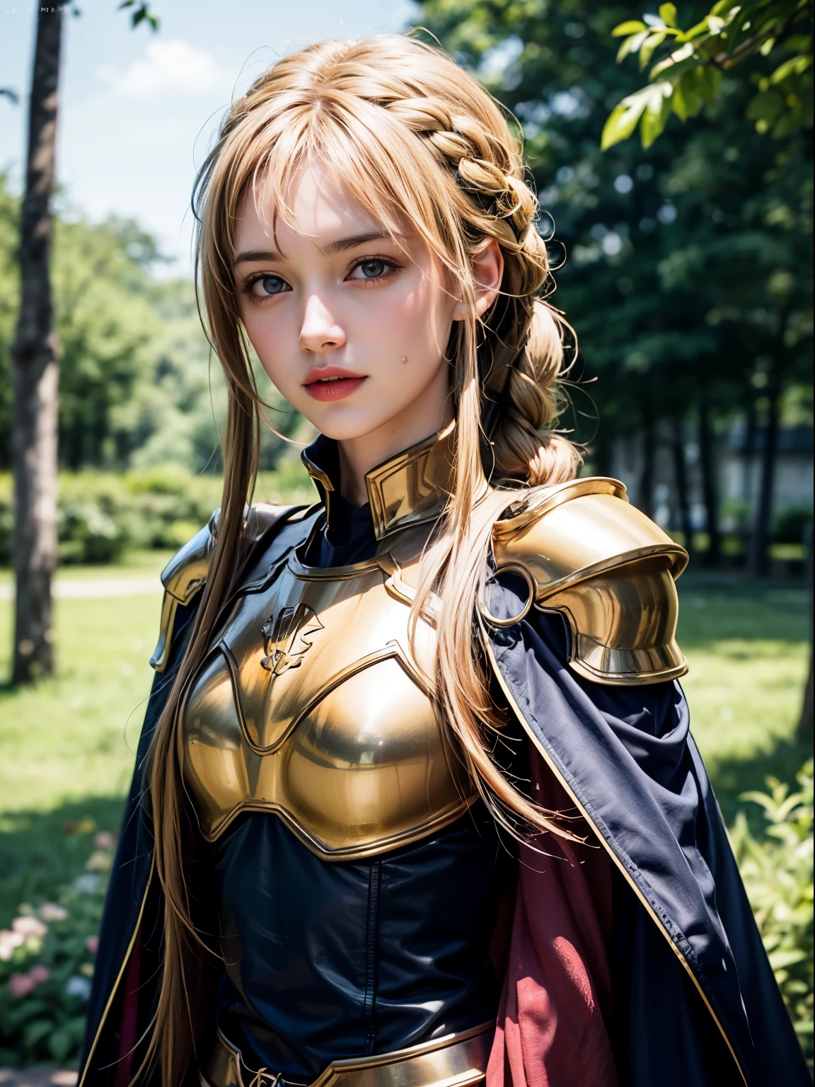 Alicesburg, Alice Zuberg, bangs, blue eyes, bionde, Hair between the eyes, Very long hair, Braiding, Hair ties, white Hair ties,, BREAK dress, cape, armor, Blue clothes, shoulder armor, Gauntlet, Cane , breastplate, armored dress, defect, blue cape, knight, gold armor, body armor,, BREAK outside, forest, BREAK looking at viewer, BREAK (artwork:1.2), highest quality, High resolution, unity wallpaper 8K, (figure:0.8), (Beautiful fine details:1.6), Very detailedな顔, Perfect lighting, Very detailedなCG, (Perfect hands, Perfect Anatomy), （8K，RAW Photos），（Best Quality），（Masterpiece Loose），（Realistic，）（Realistic），（High resolution），Hyper Detail，（Gentle Realism：1.1），Beautiful Face， （1 Female：1.1），High resolution), (8K), (Very detailed), (4K), (Pixiv), Perfect Face, Beautiful eyes and face, (highest quality), (Very detailed), Detailed face and eyes, (alone), Textured skin, absurdes, High resolution,


