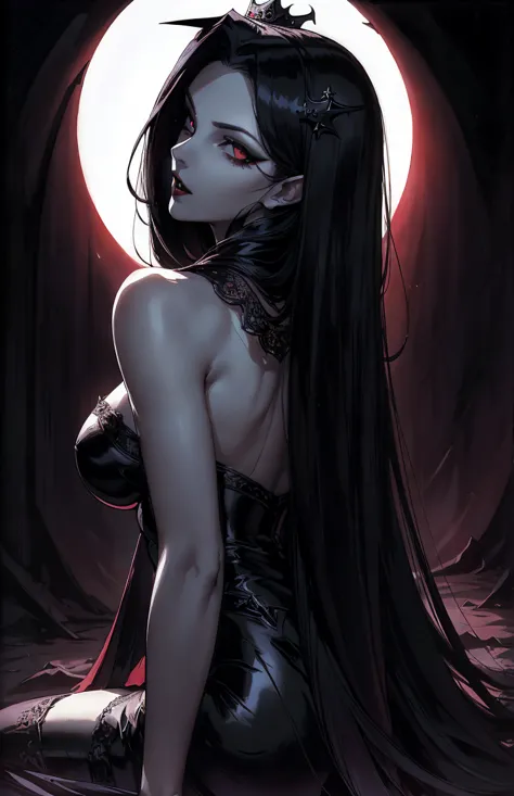 absurdres, ((stunning female vampire))), goth renaissance, (long black hair:1.erfect and detailed angular sharp oval shaped face...