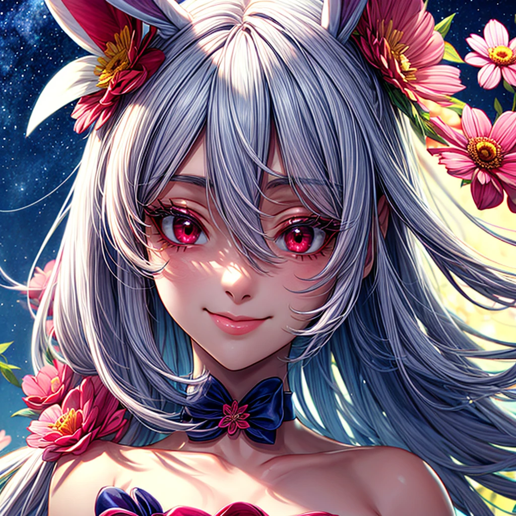 1 mature demi-rabbit woman, {{{long white hair}}}, {{{red eyes}}}, soft pink floral dress with floral accessories, small smile, colourful flower bontanic garden and starry night sky, {best quality.}, {highreaasterpiece.}, {{{medium close up.}}}, {facing viewer}