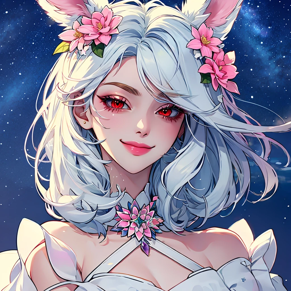 1 mature demi-rabbit woman, {{{long white hair}}}, {{{red eyes}}}, soft pink floral dress with floral accessories, small smile, colourful flower bontanic garden, starry night sky, {best quality.}, {highreaasterpiece.}, {{{medium close up.}}}, {facing viewer}