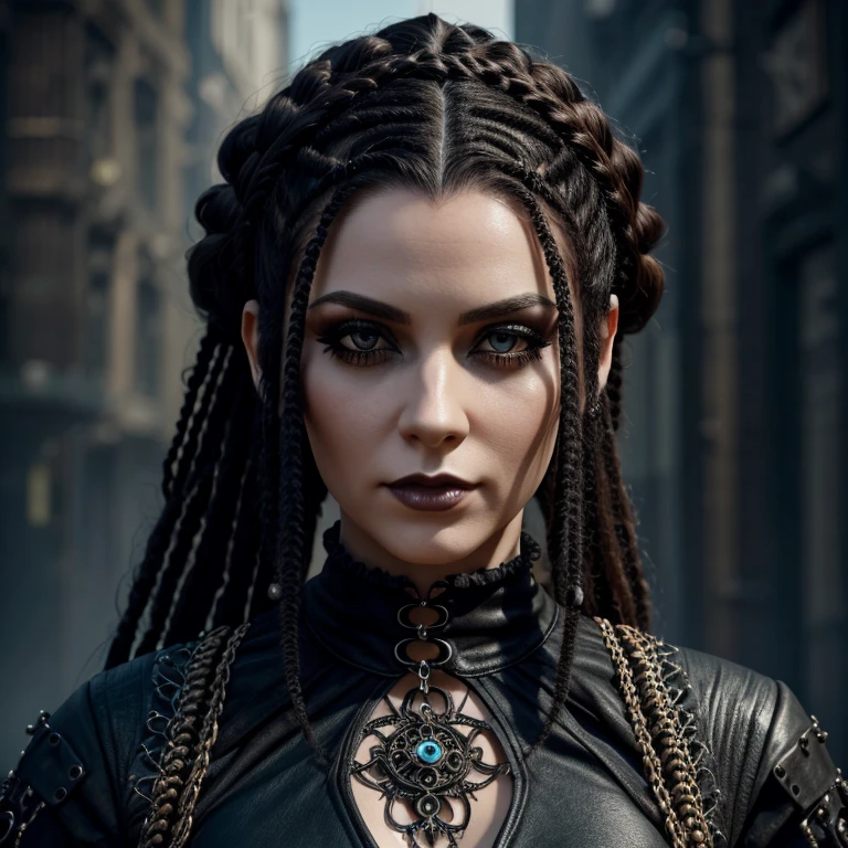 1 woman in gothic outfit, female, full body, 30 years old, pretty face, ultra detailed face and eyes, hyperrealistic, realistic representation, dancing through a streampunk city,  hairstyle dreadlocks