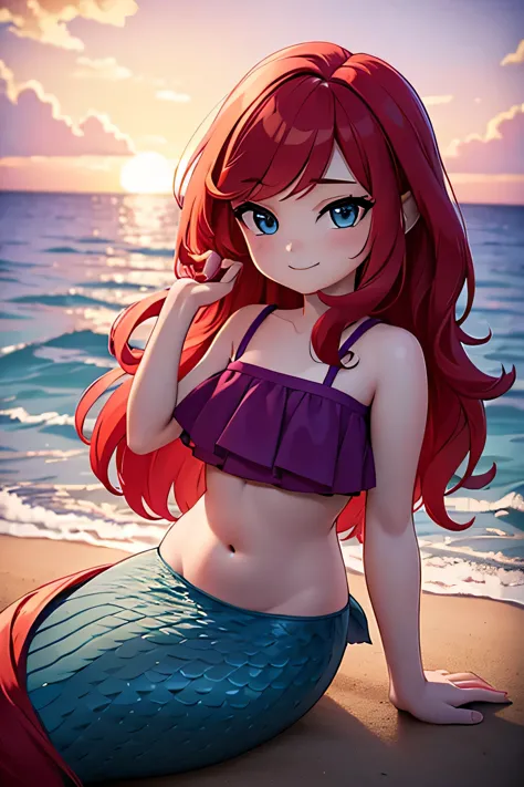 ruby 1 girl, teenage, long red hair, medium hair, blue eyes, bare shoulders, medium breast, aqua ruffle crop top, mermaid tail, ...