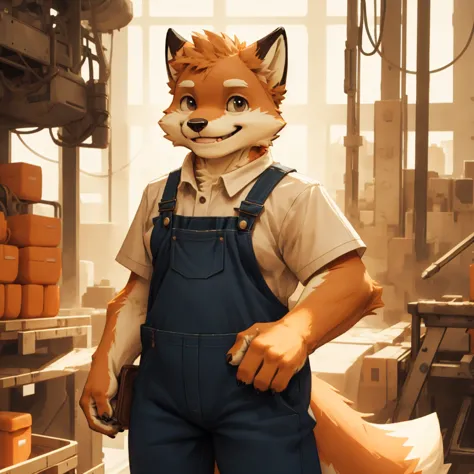 new jersey 5 furry，fox，portrait,exquisite， orange plush fur，cute face，factory，white shirt，brown overalls，standing，smile