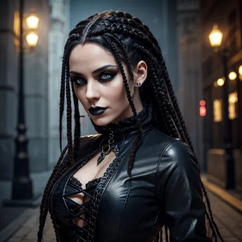 1 woman in gothic outfit, female, full body, 30 years old, pretty face, ultra detailed face and eyes, hyperrealistic, realistic ...