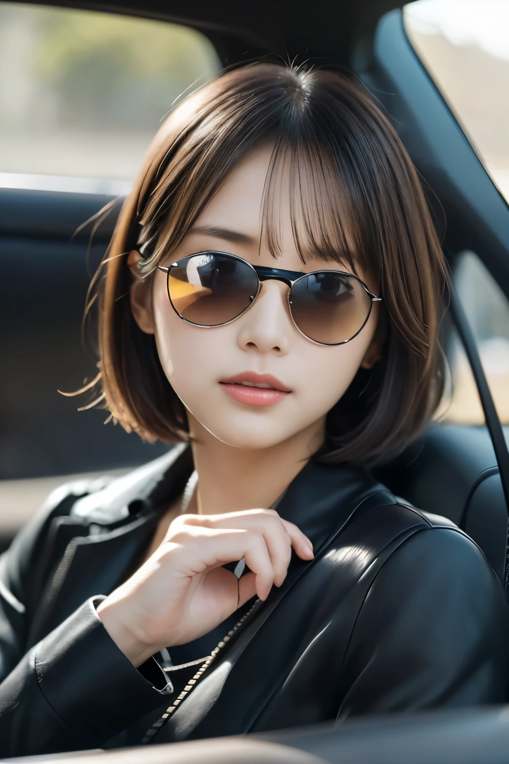 (((car:1.3, driving seat))), ((Medium Bob:1.4, sunglasses:1.3, Balanced style:1.25, carのdriving seat:1.2, Black Shirt, carを運転する日本人女性, sunglassesをかけた女の子, cute)), (clean, Natural Makeup), (highest quality, masterpiece:1.3, 超High resolution), (Very detailed, Caustics), (Realistic:1.4, RAW shooting), Very detailed, High resolution, 16K resolution