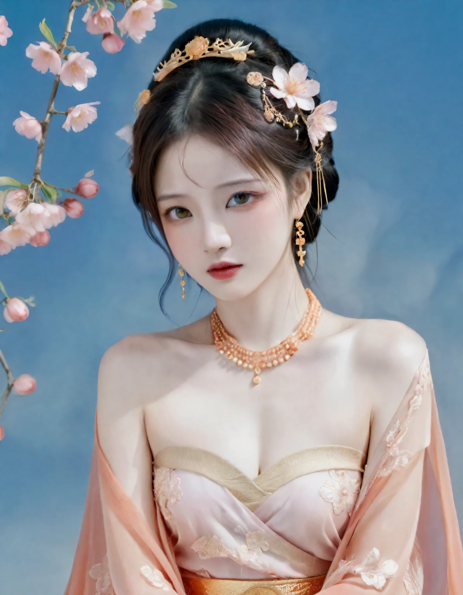 The image, imbued with a film grain texture,The full-body photograph captures an East Asian woman in ancient Chinese attire, exuding an ethereal presence. She is adorned with a peach blossom hair accessory, complementing her delicate makeup and porcelain-like skin. Her expressive eyes and serene gaze convey a sense of tranquility. A gentle breeze playfully animates her hair, adding a dynamic touch to the image. She is draped in sheer fabric with intricate gold and orange patterns, further adorned with fine jewelry that accentuates her elegance. The soft, diffused lighting and the neutral background focus on her grace and the intricate details of her attire, telling a story of cultural heritage and timeless beauty. This photograph stands as a remarkable representation of traditional fashion photography, celebrating both the aesthetic and the narrative power of the image.