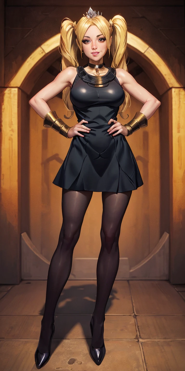 full body standing straight symmetrical, huge cowboy shot, solo 1MILF, lustful smirking smile face, looking at viewer, hands on hips, twin tails, twin drills, dress, striped pantyhose, metal handcuffs on their hands with a black metal slave collar around her neck, cowbell attached to the choker, sleeveless, black stockings, golden tiara