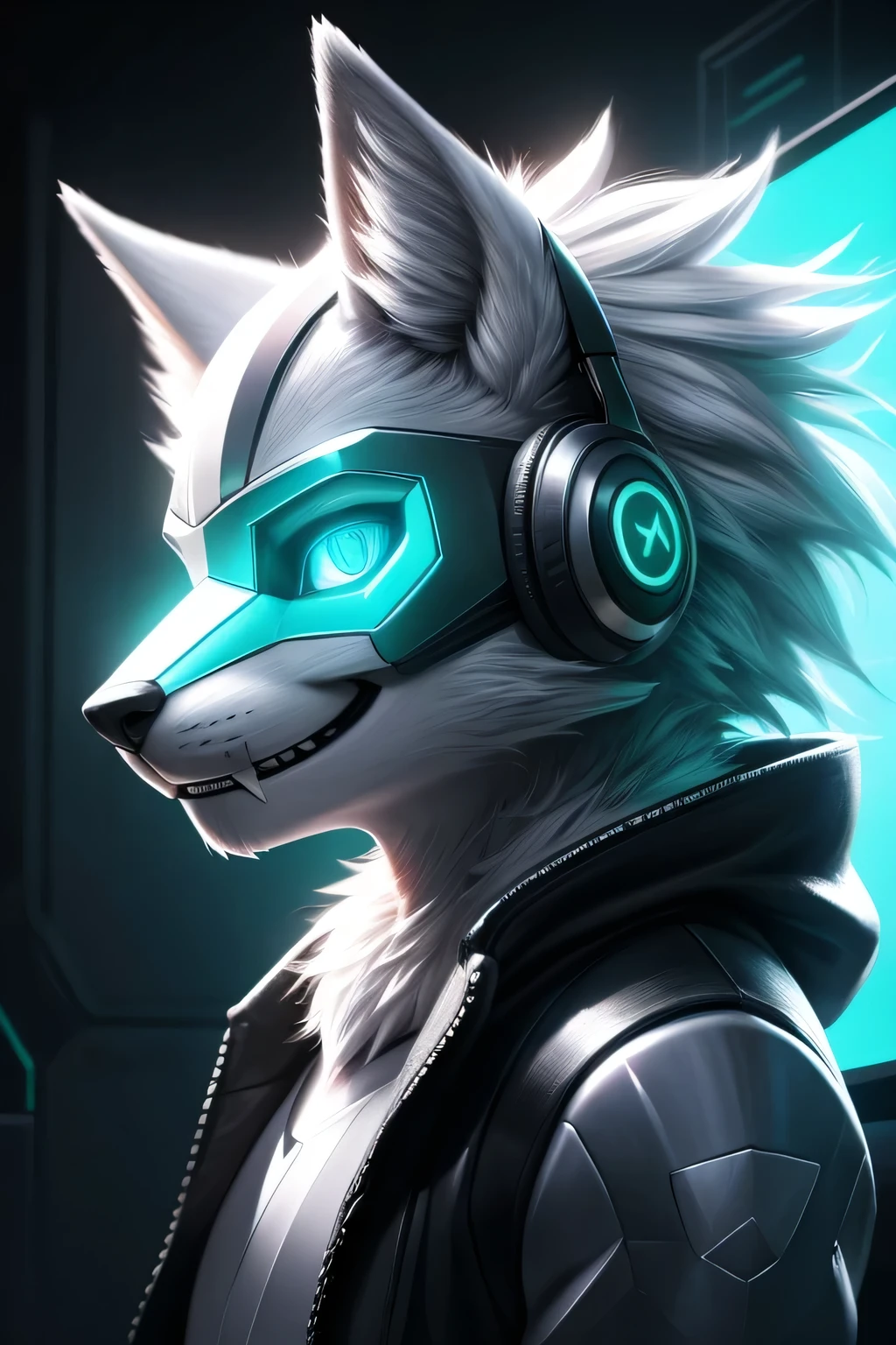 Young werewolf, white fur, wearing a black jacket with neon details, sporting a cybernetic mask, with gamer headphones, profile picture, Close-up on the faceRystal, Star Fox, Male, (A detailed), fluffly, Solo, , fotorealistisch, ((clear structural details)), Meticulous and realistic, Detailed eyes, (Turquoise blue pupils), ((Silvery-white glowing eyes)), Evil smile, Smile, slenderness, soft, 4K, Excellent quality, high detal, Detailed fur, ((The tail is in the right place) ，Light blue panties。Two ears
