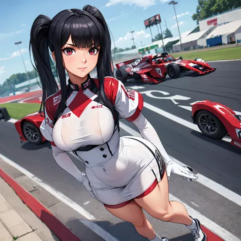 A woman wearing a tight race queen uniform, exposed abdomen, large breasts, white with red details, full body, long black hair, ...