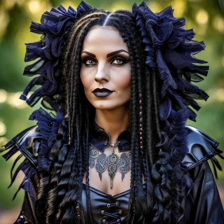 1 woman in gothic outfit, female, full body, 30 years old, pretty face, ultra detailed face and eyes, hyperrealistic, realistic representation,  hairstyle dreadlocks, stands in a park, She wears boots